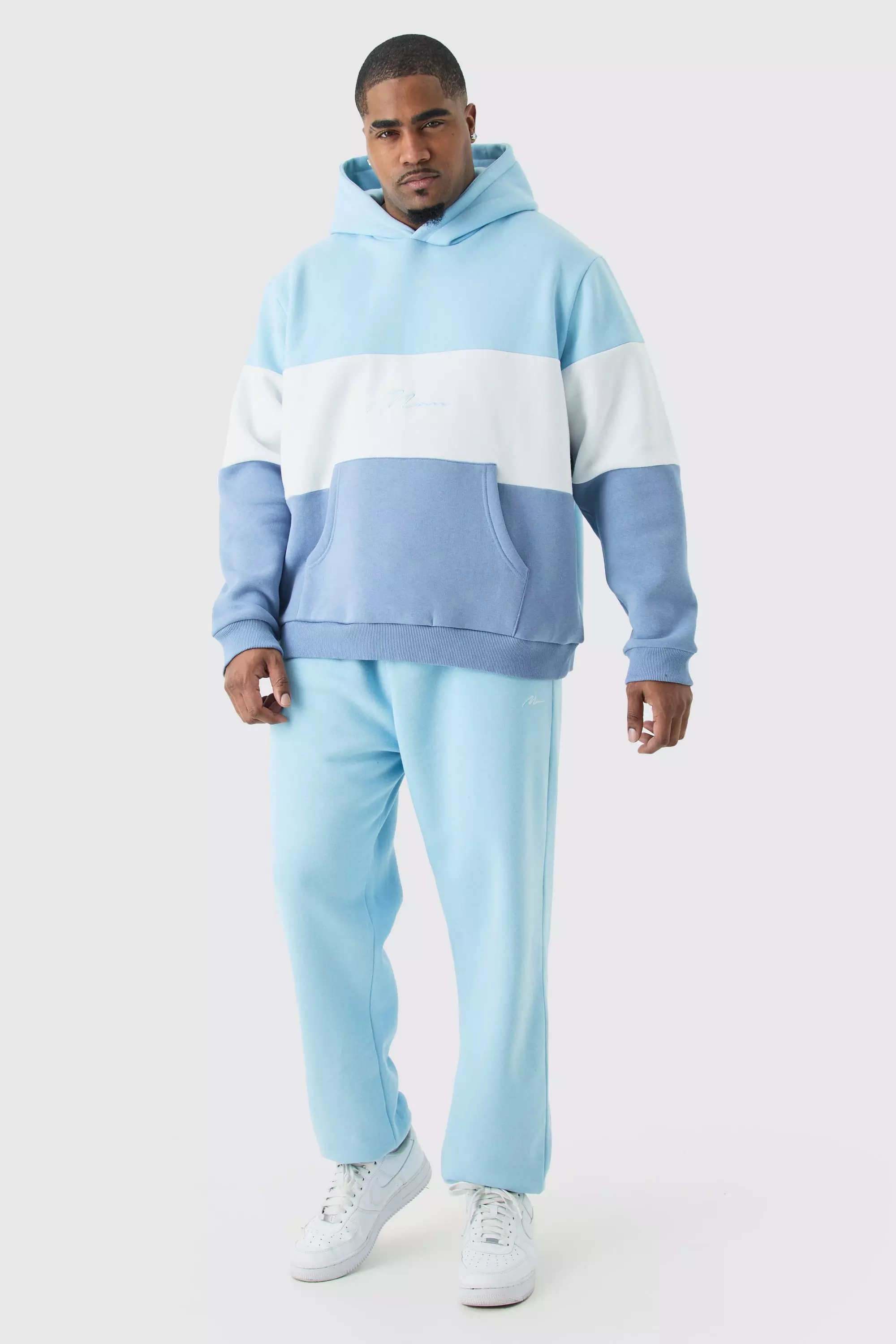 Plus Colour Block Man Hooded Tracksuit In Light Blue boohooMAN USA